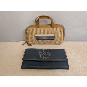Cowhide Leather Clutch Wallet & Woven Cosmetic Bag Mirror Set Lot of 2